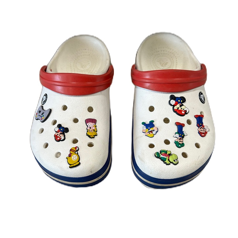 Crocs Crocband Clog Shoes White Red Blue Womens 7 Mens 5 Super Mario Jibbitz